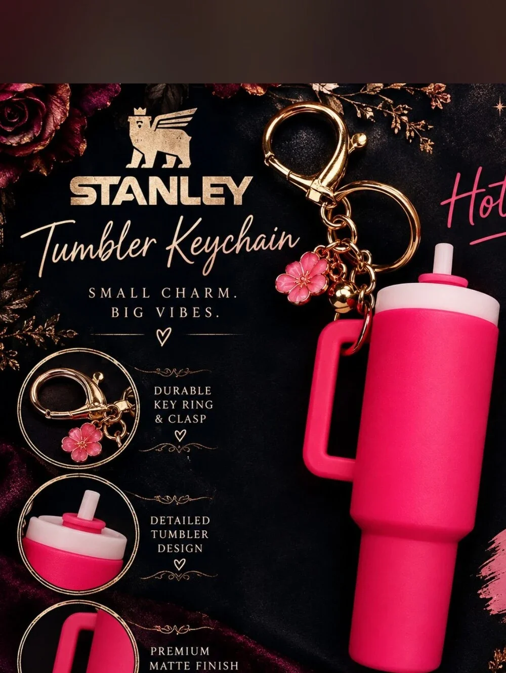 Hot Pink Stanley Style Tumbler Keychain with Gold Hardware!!